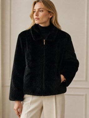 St. John Faux Fur Jacket Black Quilted Lining Luxe Coat Size M USA